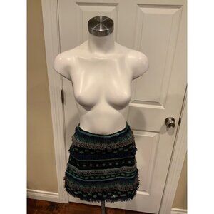 Emma Wallace Black Mini Skirt Geometric Sequins & Fringe Trim, Size 4